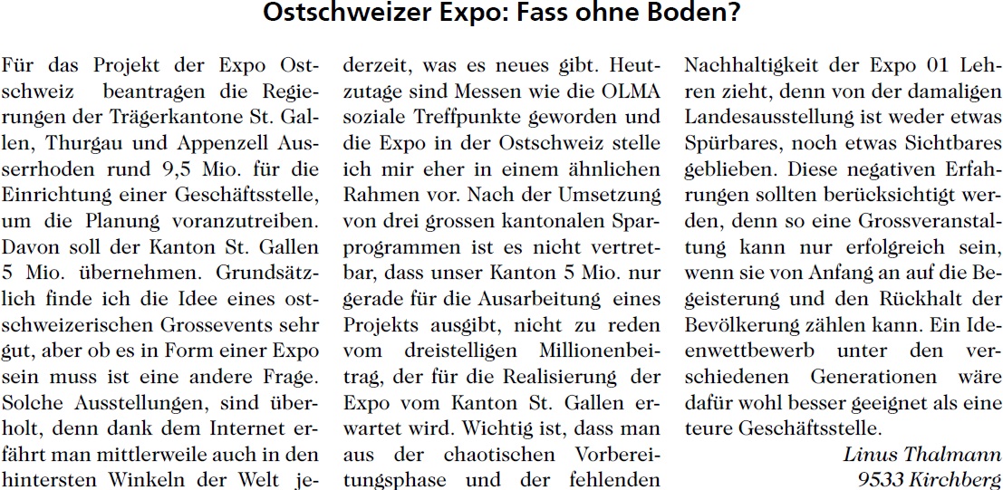 Ostschweizer Expo: Fass ohne Boden? (Donnerstag, 07.05.2015)