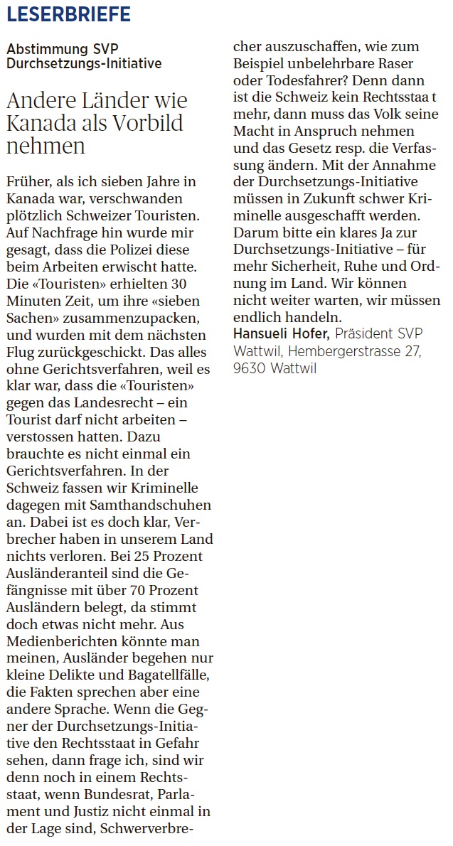 Andere Länder wie Kanada als Vorbild nehmen (Donnerstag, 07.01.2016)