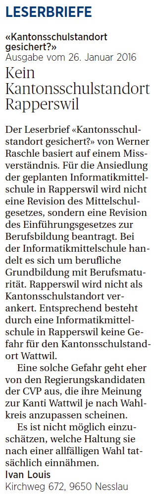 Kein Kantonsschulstandort Rapperswil (Donnerstag, 28.01.2016)