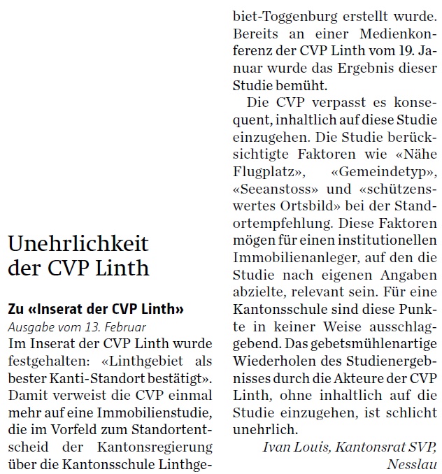Unehrlichkeit der CVP Linth (Dienstag, 16.02.2016)
