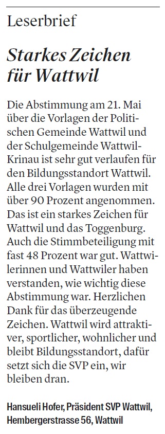 Starkes Zeichen für Wattwil (Dienstag, 30.05.2017)