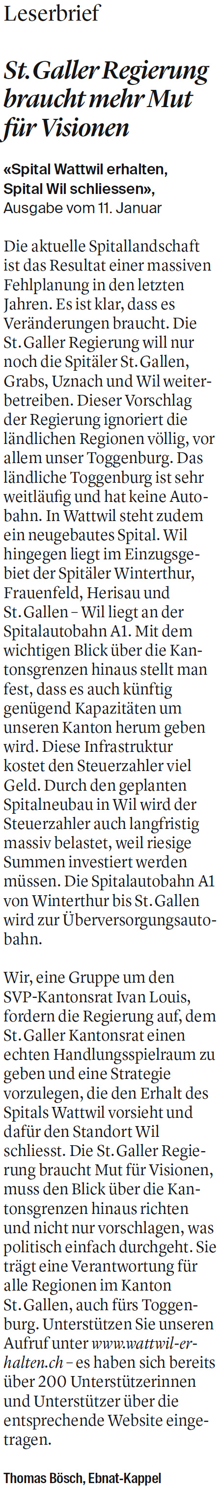 St.Galler Regierung braucht mehr Mut für Visionen (Mittwoch, 15.01.2020)