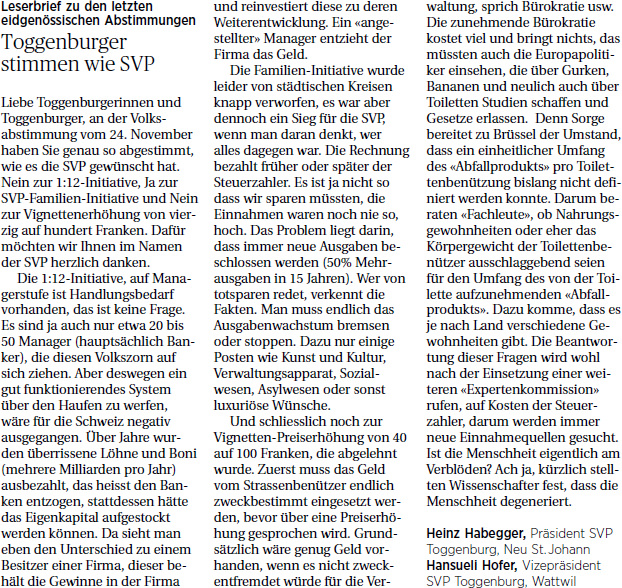 Liebe Toggenburgerinnen und Toggenburger (Mittwoch, 11.12.2013)